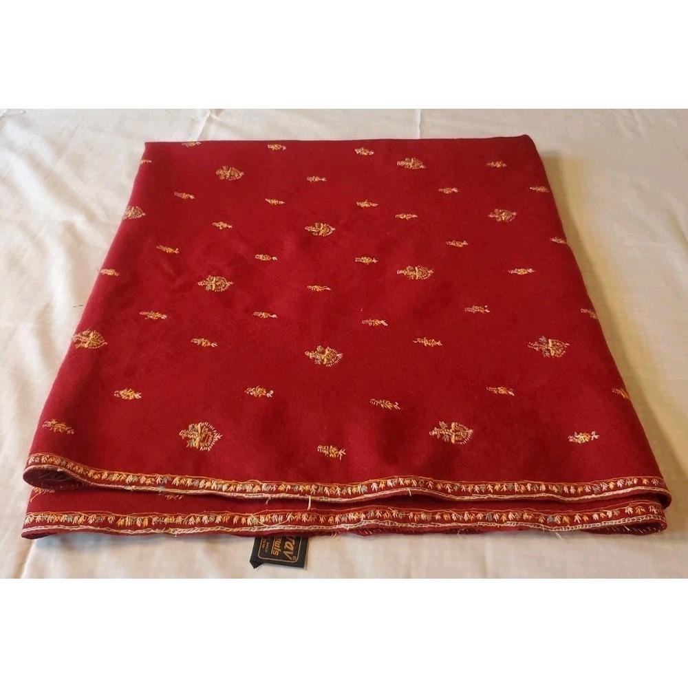Vintage Gaurav Shawls Wool Hand Embroidered Long Fabric Red Abstract 36x75 - Picture 8 of 8